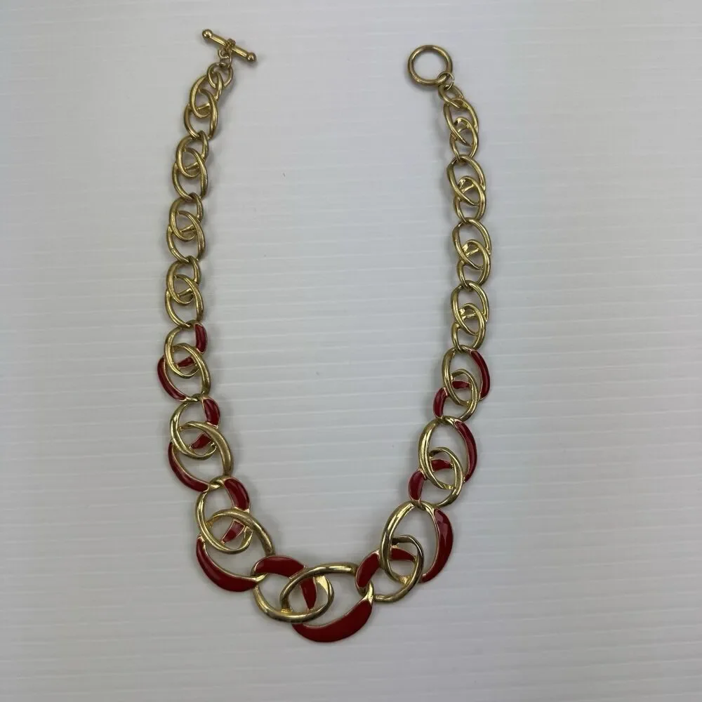 Vintage Necklace Red Enamel Gold Tone Chain Link Choker 80s Glamour 17
